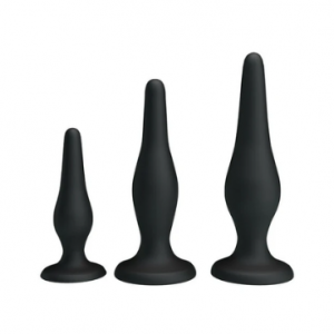 Imagen del kit de plugs anales S-M-L con ventosa, silicona segura y diseño ergonómico